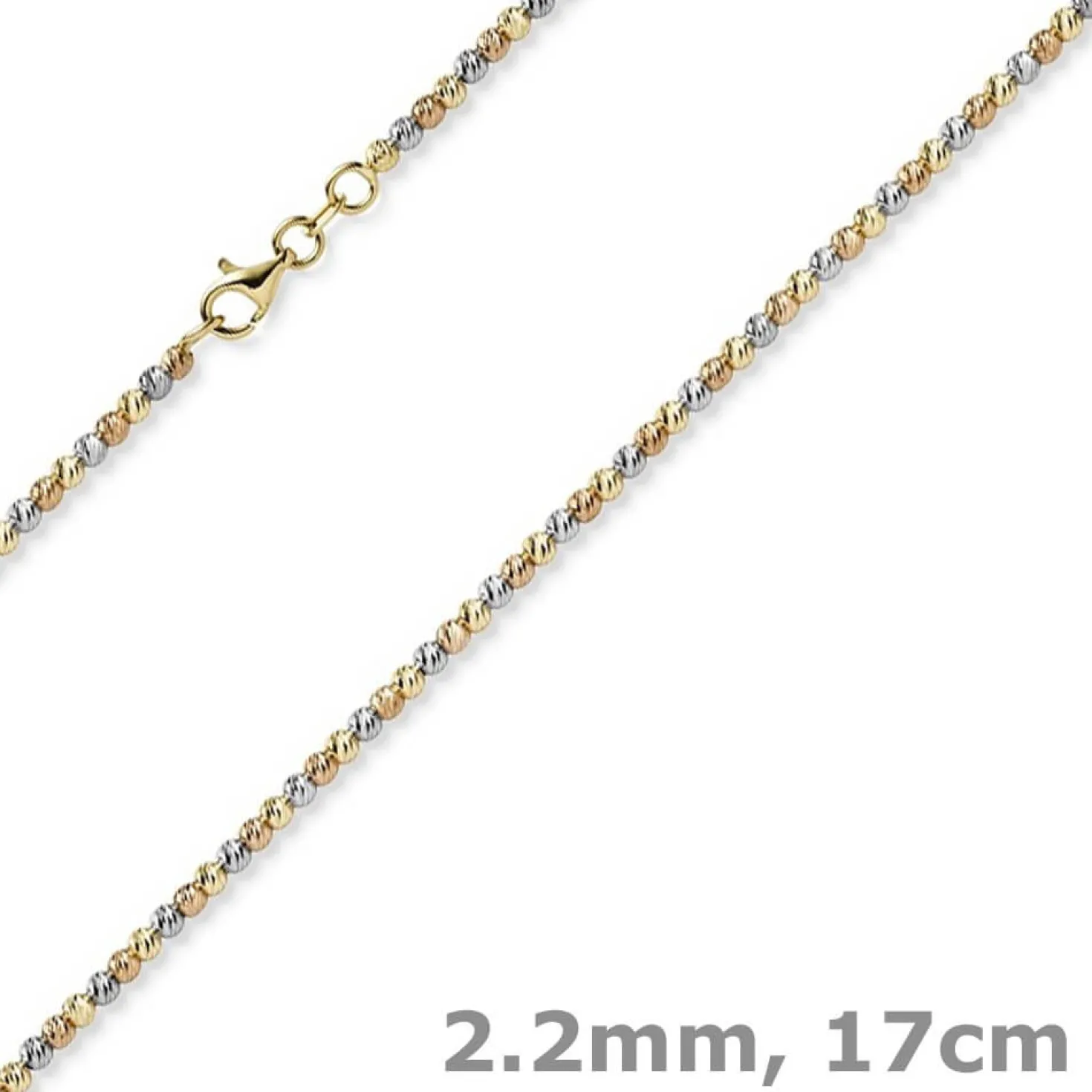 2,2mm Armband Kugelarmband aus 750 Gold gelb/rot/weiß tricolor diamantiert 17cm