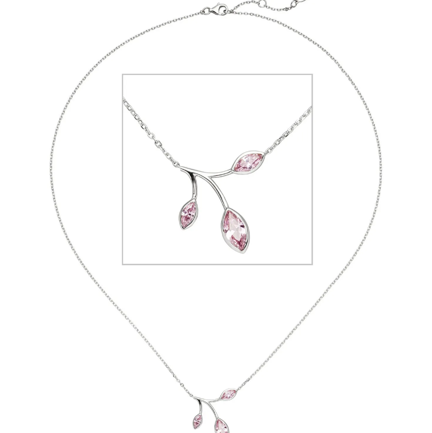 1,1mm Collier Ankerkette, Anhänger Zweig mit rosa Zirkonia, 925 Silber, 42-45cm