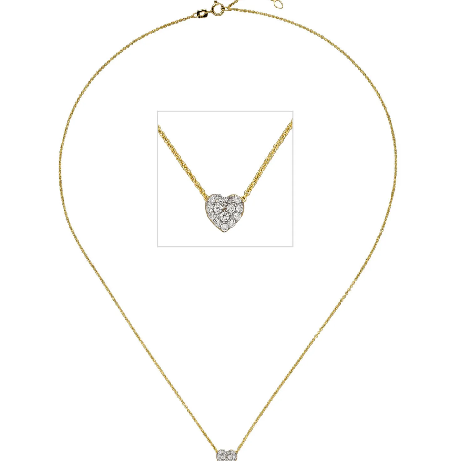 1mm Collier Ankerkette mit Anhänger Herz mit weißen Zirkonia, 375 Gold Gelbgold