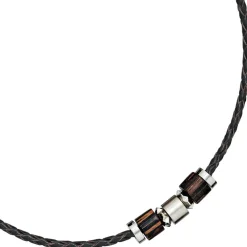 8,3mm Collier Ledercollier, Edelstahl und Holzelementen, Unisex, 45cm