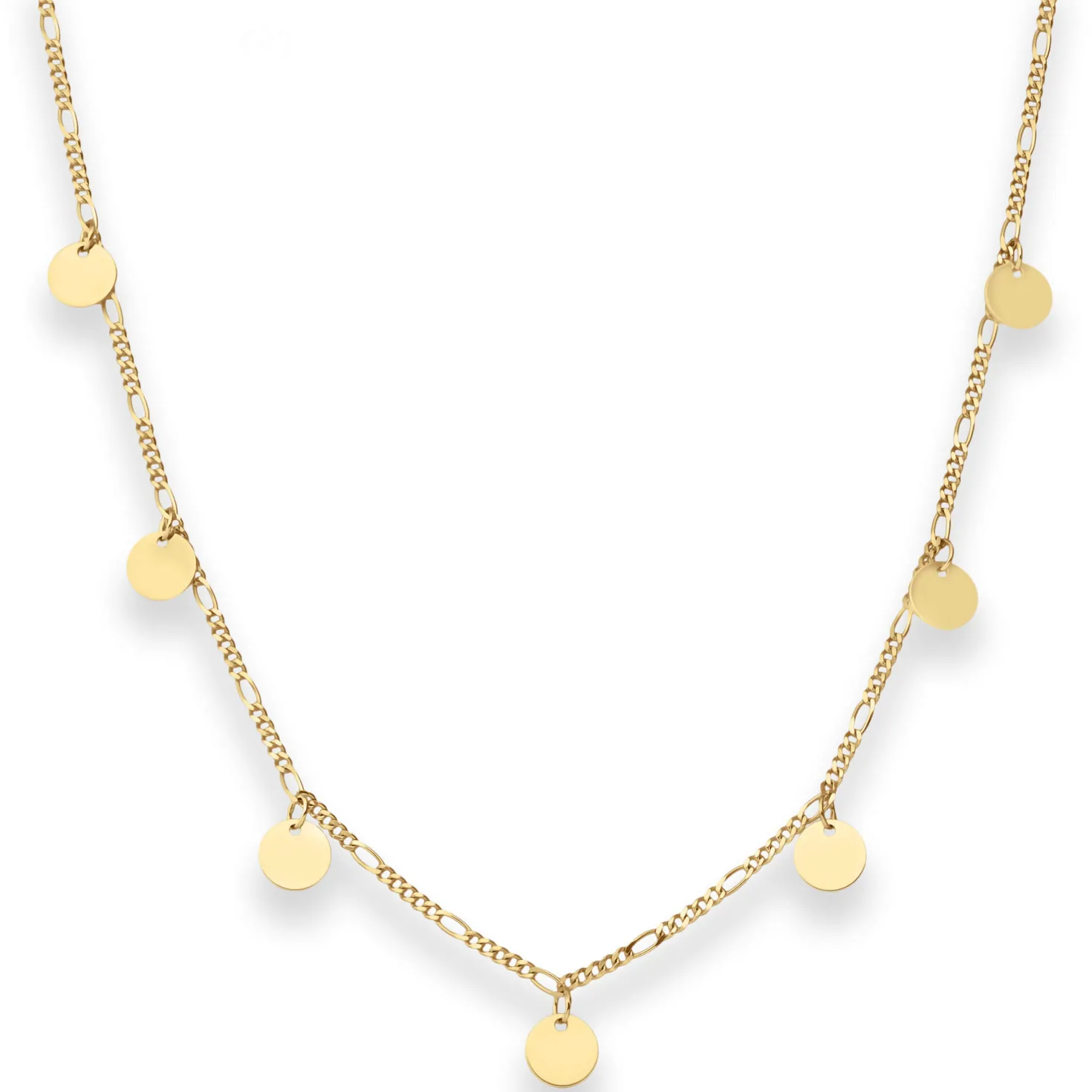 1,6mm Figarokette diamantiert Collier 7 runde Plättchen aus 585 Gelbgold 38cm