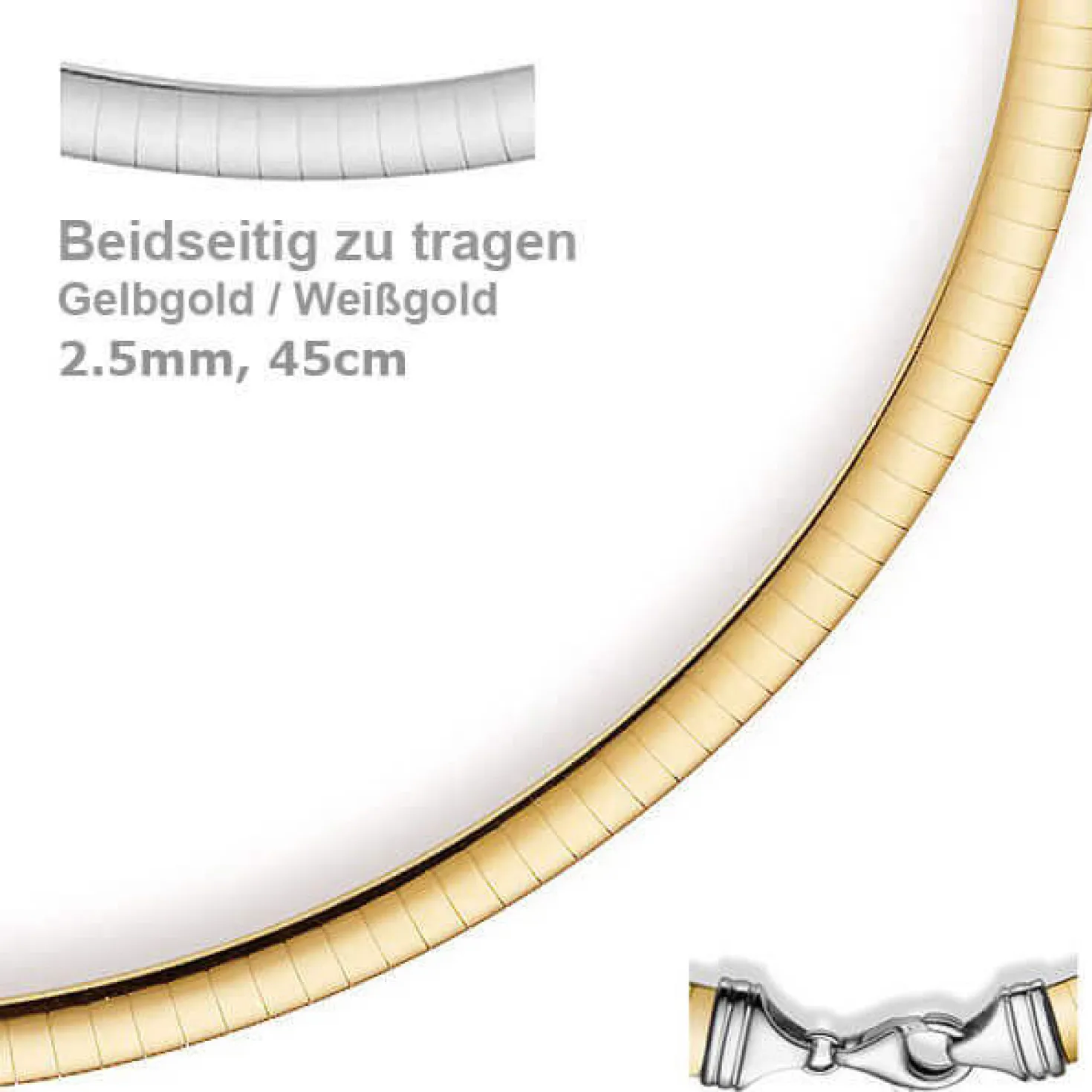 2,5mm Halsreif Wendeomegareif Collier flach, 750 Gold Gelbgold & Weißgold 45cm