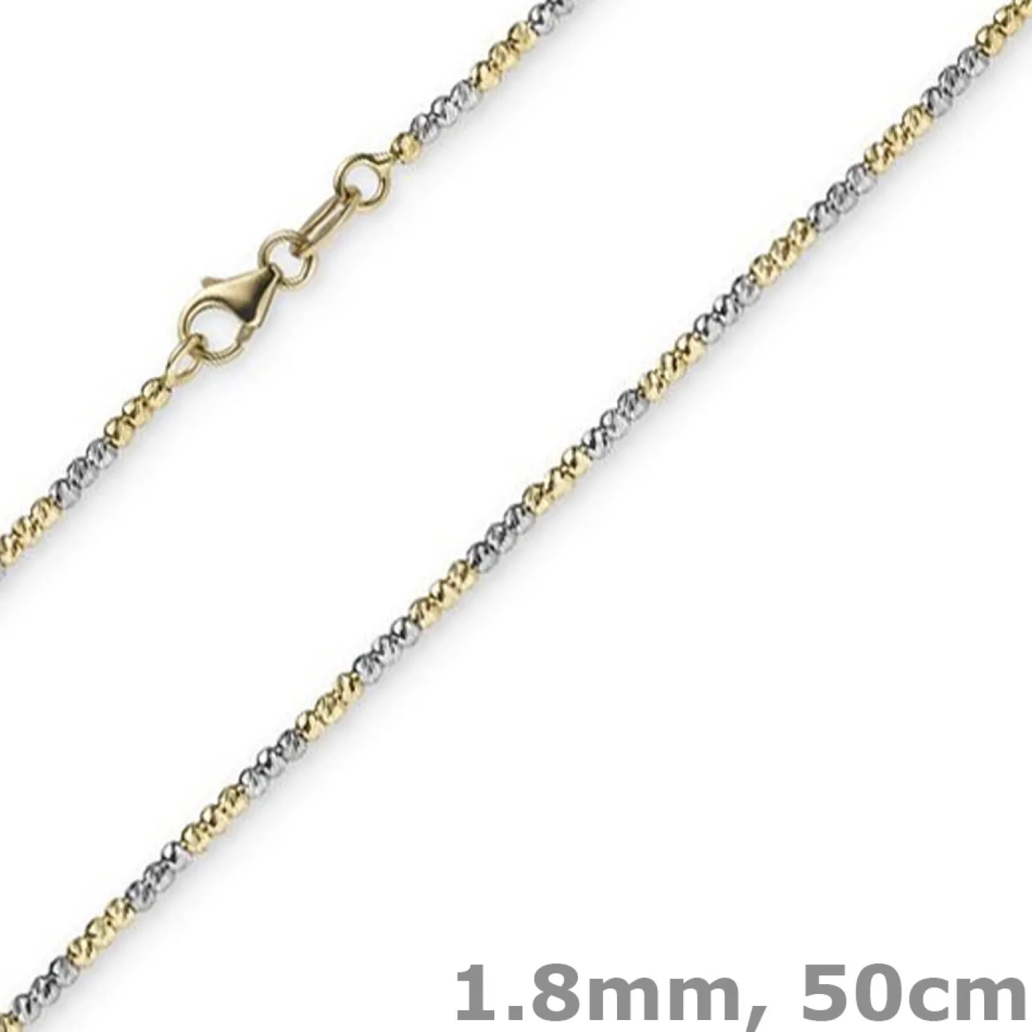 1,8mm Kette Collier Kugelkette diamantiert aus 585 Gold Gelbgold Weißgold, 50cm