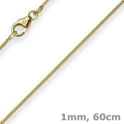 1mm Kette Collier Schlangenkette aus 585 Gold Gelbgold, 60cm, Damen