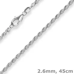 2,6mm Kordelkette massiv Kette Collier Halskette aus 925 Silber rhodiniert 45cm