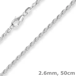 2,6mm Kordelkette massiv Silberkette Collier Halskette aus 925 Silber 50cm