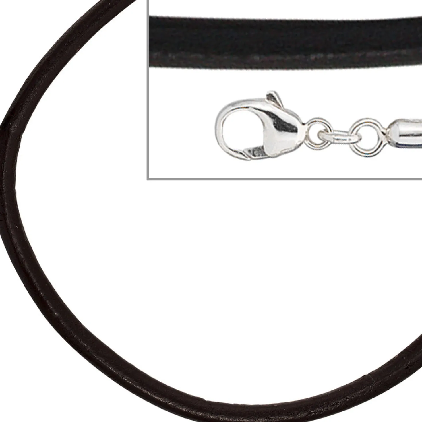 2mm Lederkette Lederband, schwarz, Karabiner 925 Silber, Unisex, 45cm