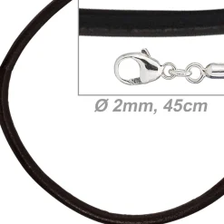 2mm Lederkette Lederband, schwarz, Karabiner 925 Silber, Unisex, 45cm