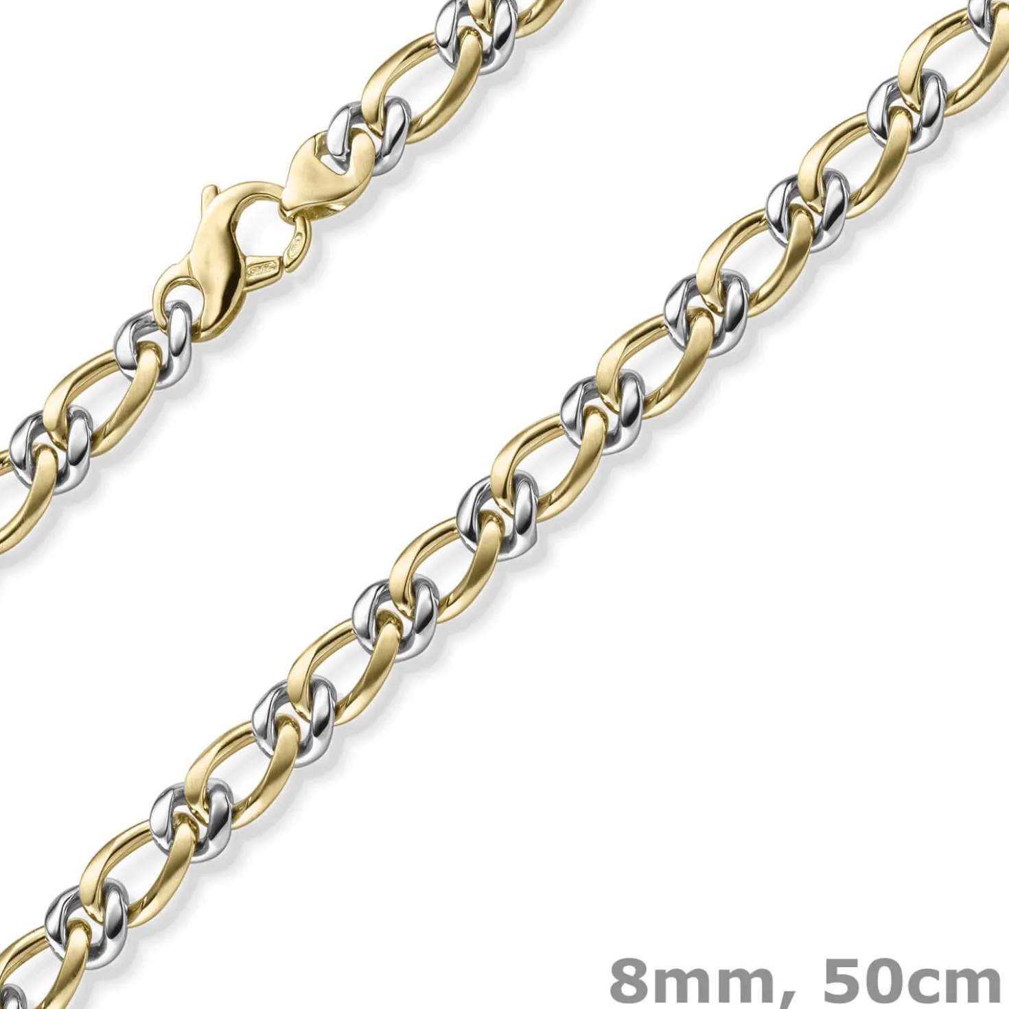 8mm Panzer-Figaro Phantasie Kette Halskette aus 585 Gelbgold & Weißgold 50cm