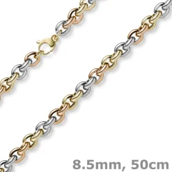 8,5mm Rund-Ankerkette Halskette Phantasiekette aus 585 Gold gelb/rot/weiß 50cm
