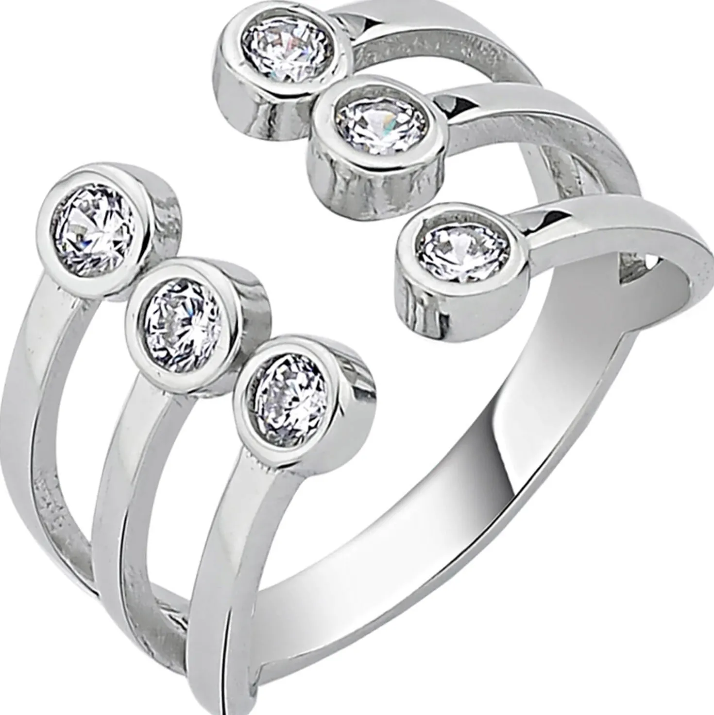 Offener Ring Damenring aus 925 Silber rhodiniert 6 Zirkonia breiter Fingerring