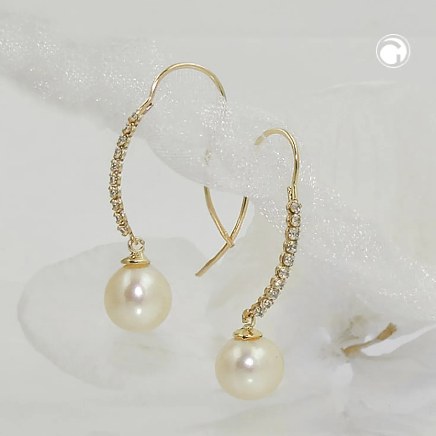 Ohrhaken Ohrringe Ohrhänger 29x7mm weiße Perle 375 Gelbgold Gold Damen