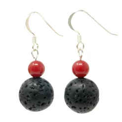 Ohrhänger aus Lava & Koralle schwarz-rot 925 Silber Ohrringe Ohrschmuck Ohrhaken