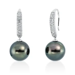 Ohrhänger aus 750 Weißgold 2 Tahiti-Perlen 11mm grün 92 Diamanten 0,36ct