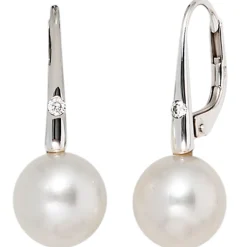 Ohrhänger 8,7x21,7mm Boutons Süßwasser Zuchtperlen & 2 Brillanten 585 Weißgold