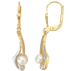 Ohrhänger 6,8x30mm Boutons Süßwasser Zuchtperlen & Zirkonia 333 Gelbgold