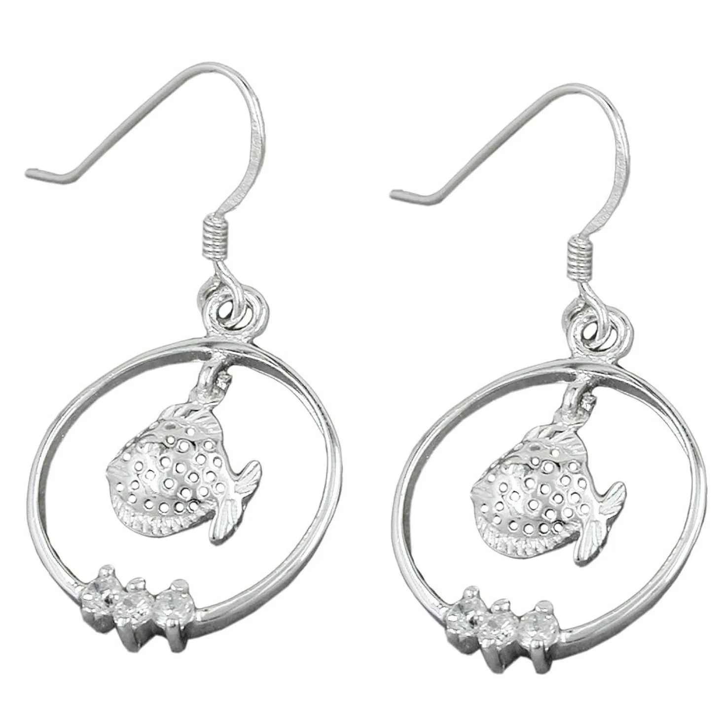 Ohrhänger 37x18mm Ohrringe Fisch Fische im Ring mit Zirkonia 925 Silber Damen