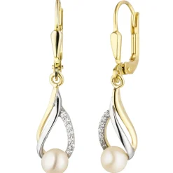 Ohrhänger 7x31,1mm Süßwasser-Perlen weiß & 14 Zirkonia 333 Gold Gelbgold