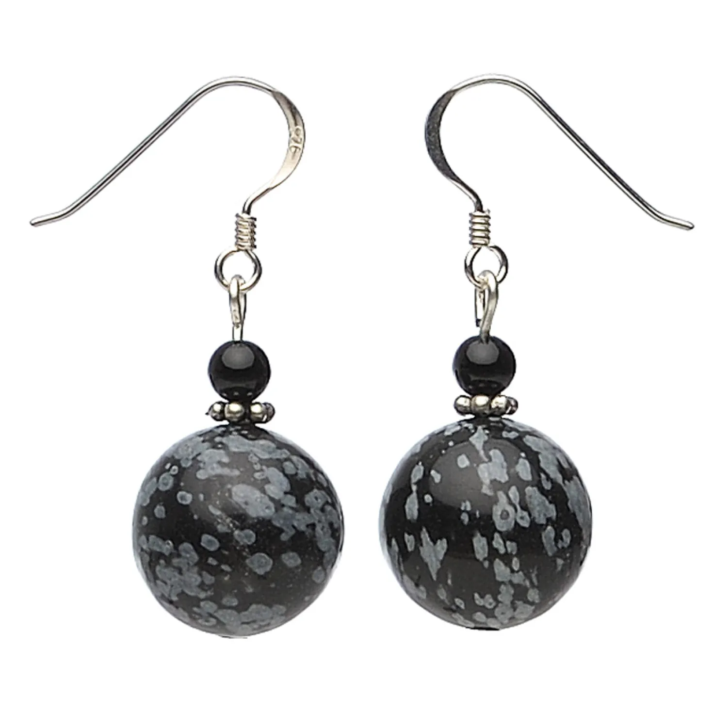 Ohrringe aus Schneeflocken-Obsidian & Onyx, 925 Silber, grau-schwarz