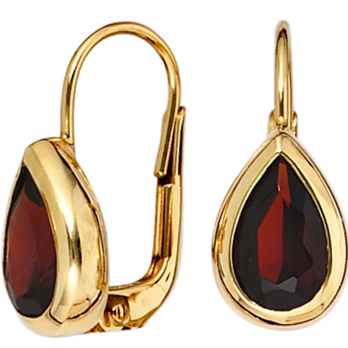 Ohrringe Boutons Granat rot dunkelrot tropfenförmig 375 Gold Gelbgold