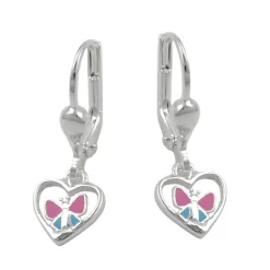 Ohrringe Brisur Herz mit Schmetterling pink blau 925 Silber Kinder