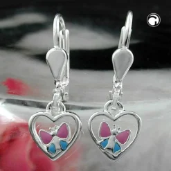 Ohrringe Brisur Herz mit Schmetterling pink blau 925 Silber Kinder