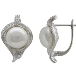 Ohrringe Creolen Blätter Muschelkernperlen Zirkonia weiß 925 Silber Damen