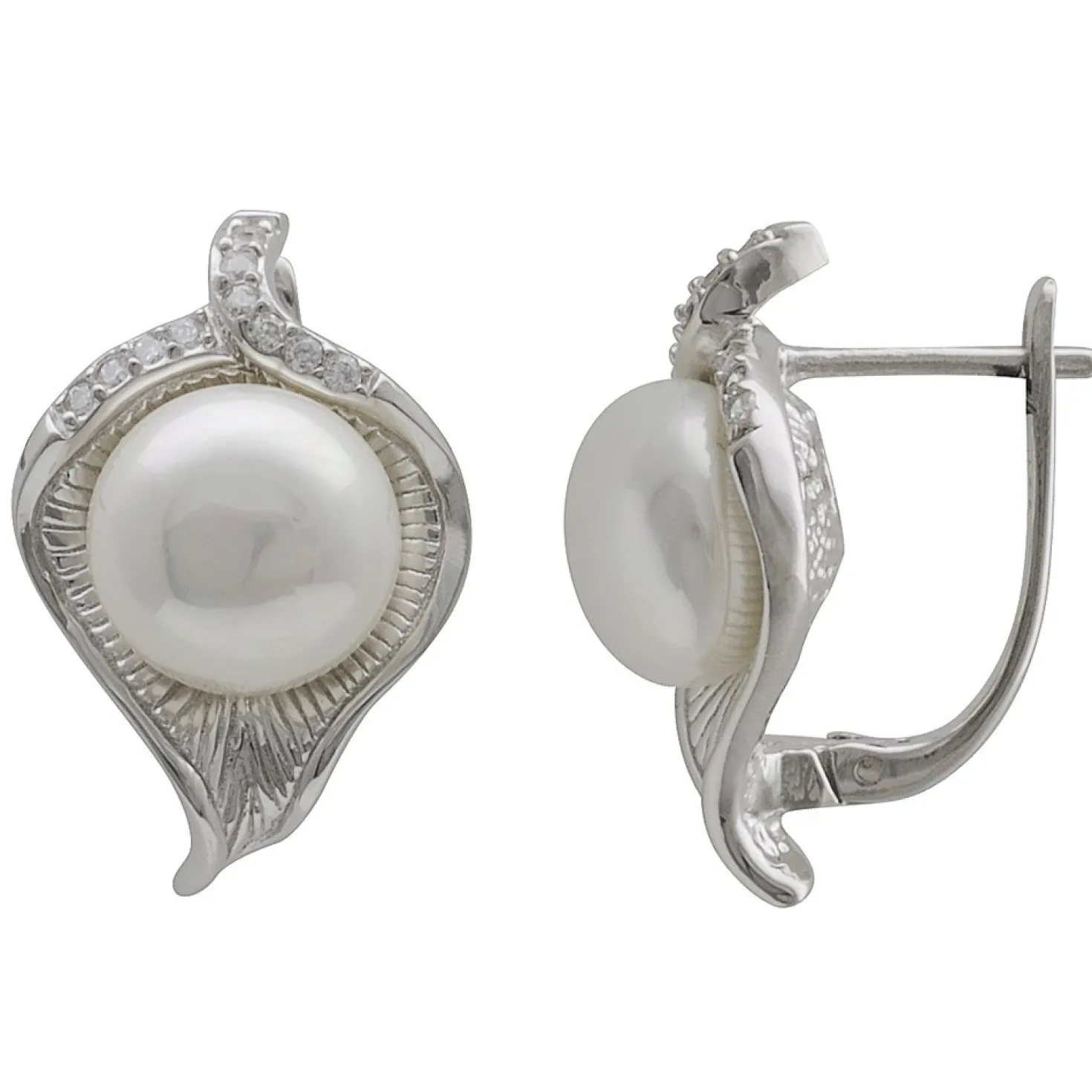 Ohrringe Creolen Blätter Muschelkernperlen Zirkonia weiß 925 Silber Damen