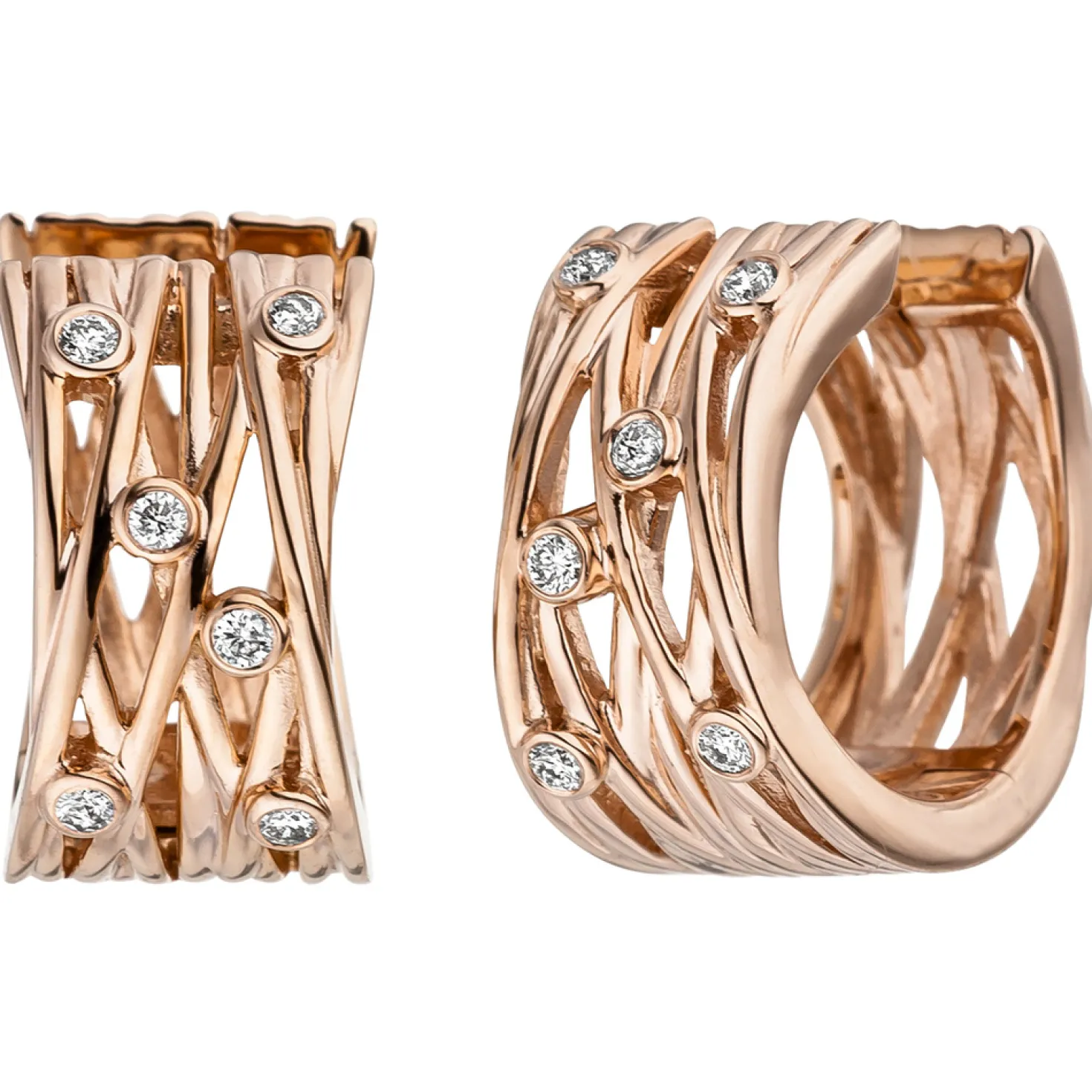 Ohrringe Creolen 8,9mm 12 Diamanten 0.14Ct geflochtenes Muster 585 Rotgold