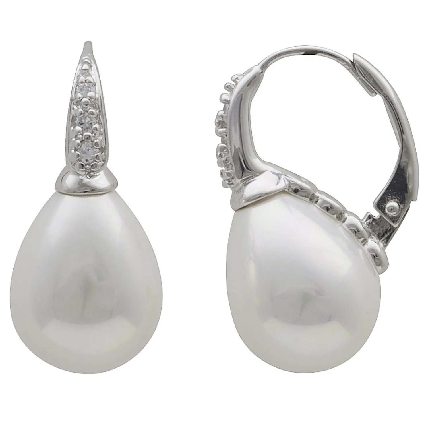Ohrringe Creolen Perlen Muschelkernperlen weiß & Zirkonia 925 Silber Damen