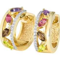 Ohrringe Creolen 18,1x6,9mm 585 Gelbgold 8 bunte Edelsteine 32 Diamanten 0,2 Ct.