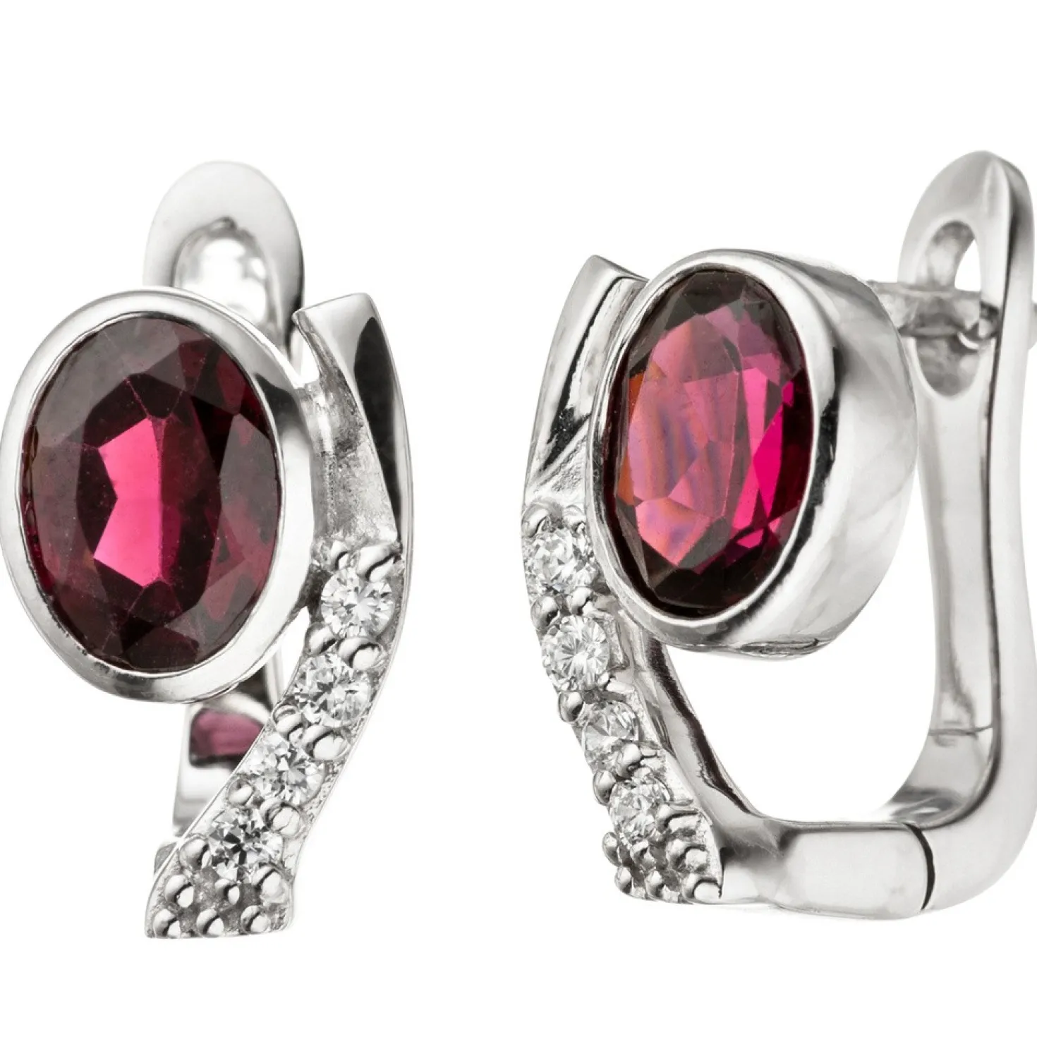 Ohrringe Creolen 8,4x13,1mm mit Granat rot oval & Zirkonia weiß 925 Silber