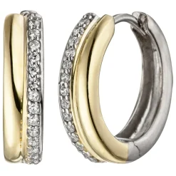 Ohrringe Klappcreolen mit Zirkonia weiß am Rand, 925 Silber teilvergoldet Damen