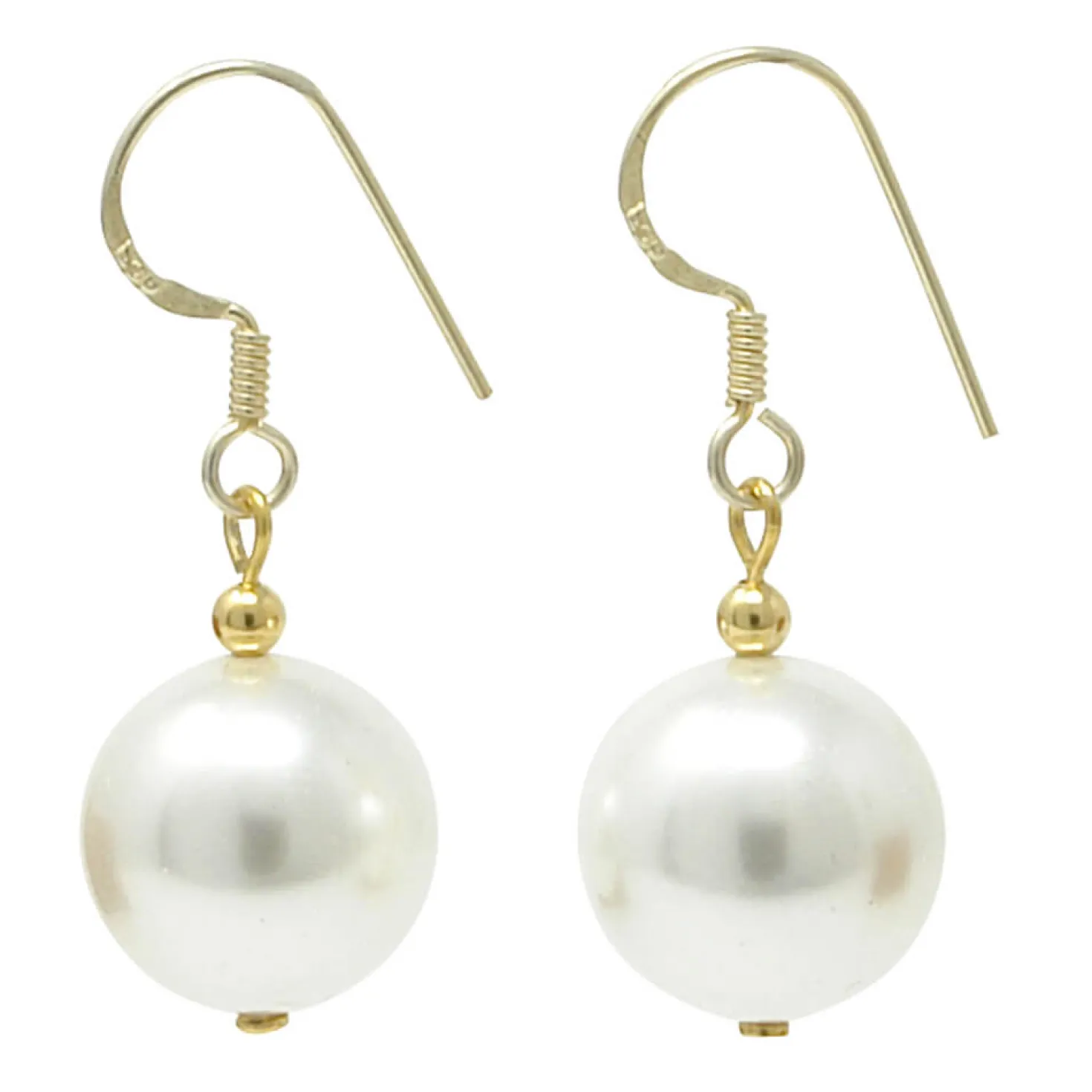 Ohrringe Kugel-Ohrhänger Muschelkernperlen 14mm 925 Silber vergoldet, creme-weiß
