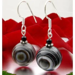 Ohrringe Ohrhänger aus Augenachat & Onyx & 925 Silber, Ø14mm