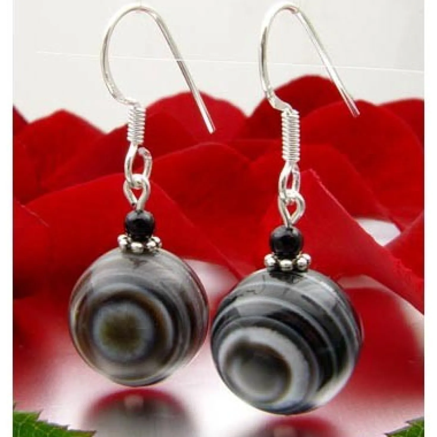 Ohrringe Ohrhänger aus Augenachat & Onyx & 925 Silber, Ø14mm