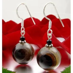 Ohrringe Ohrhänger aus Augenachat & Onyx & 925 Silber, Ø14mm