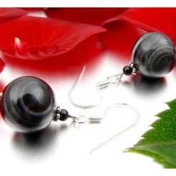 Ohrringe Ohrhänger aus Augenachat & Onyx & 925 Silber, Ø14mm