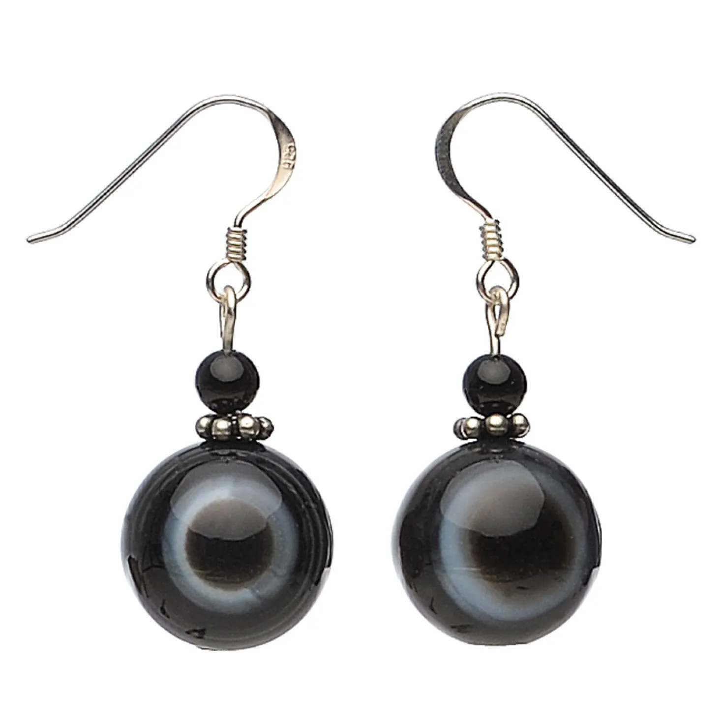 Ohrringe Ohrhänger aus Augenachat & Onyx & 925 Silber, Ø14mm