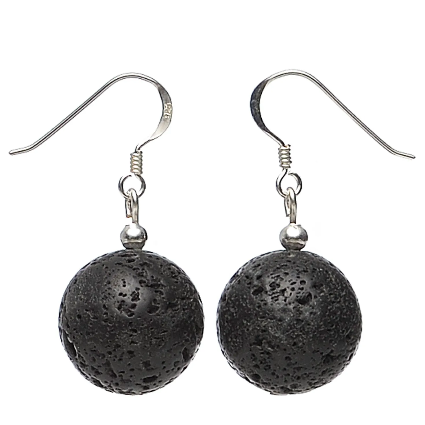 Ohrringe Ohrhänger aus echter Lava Kugel Ø14mm & 925 Silber, schwarz, mit Poren