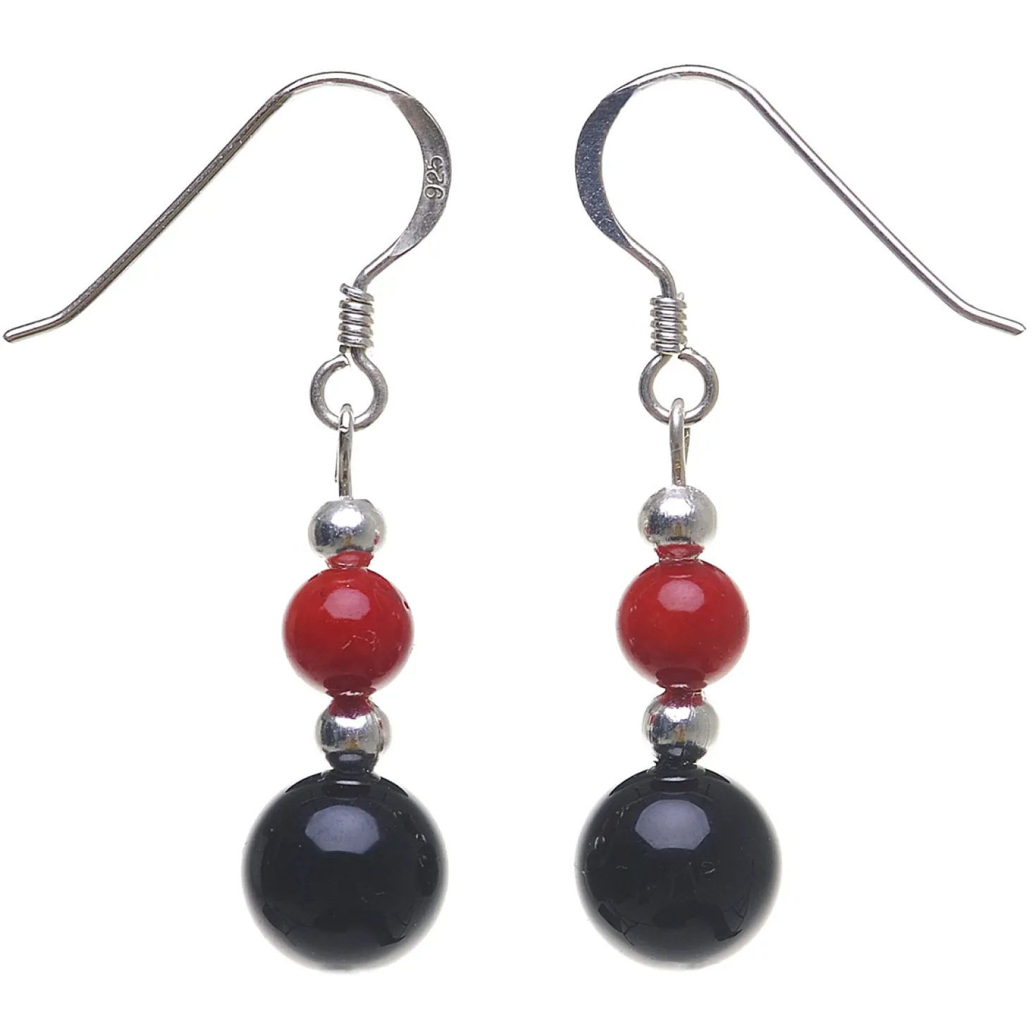 Ohrringe Ohrhänger aus Koralle & Onyx, rot schwarz, 925 Silber, Ohrhaken