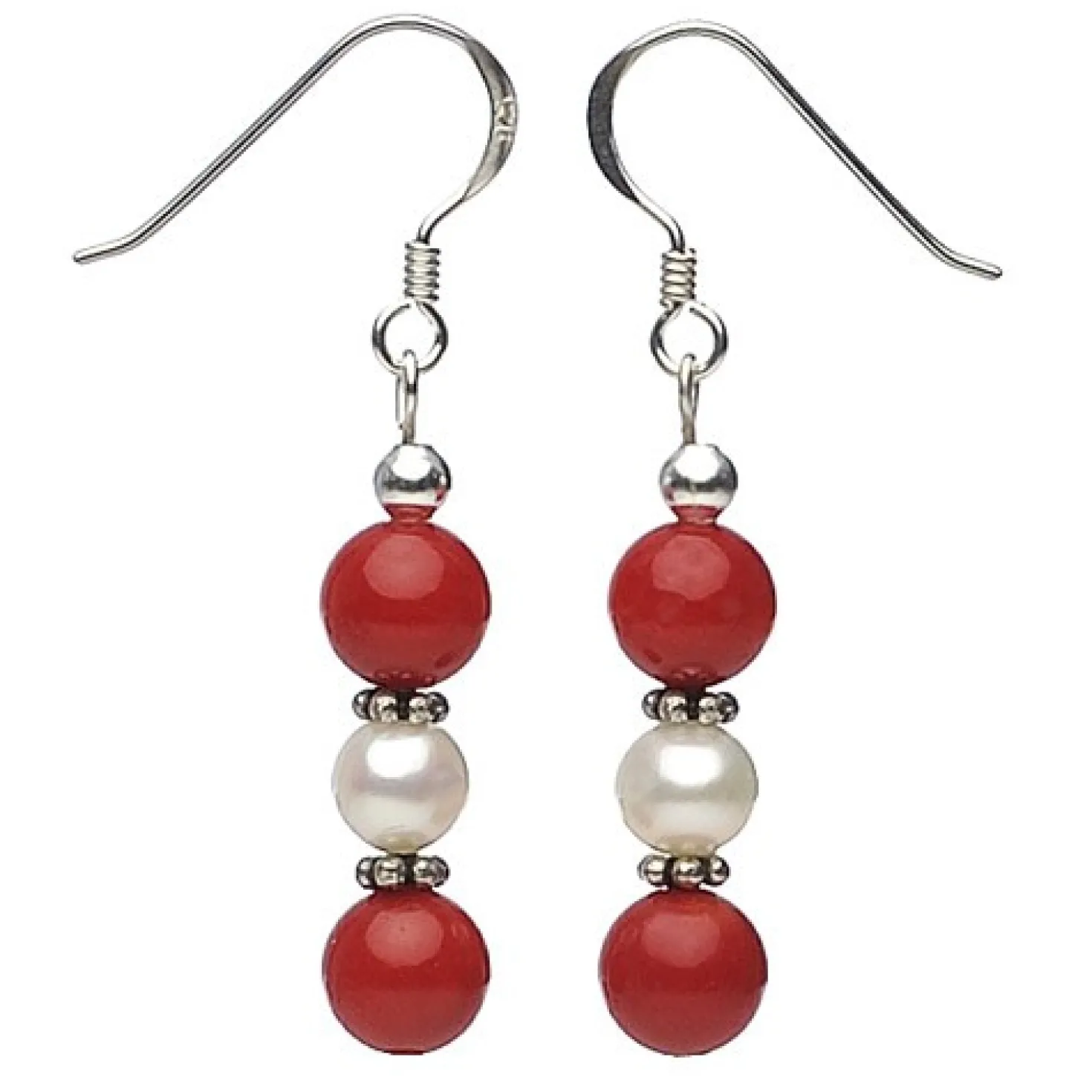 Ohrringe Ohrhänger aus Koralle & Süßwasserperlen, 925 Silber, rot-weiß