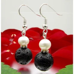 Ohrringe Ohrhänger aus Lava & Perlen, 925 Silber, schwarz-weiß