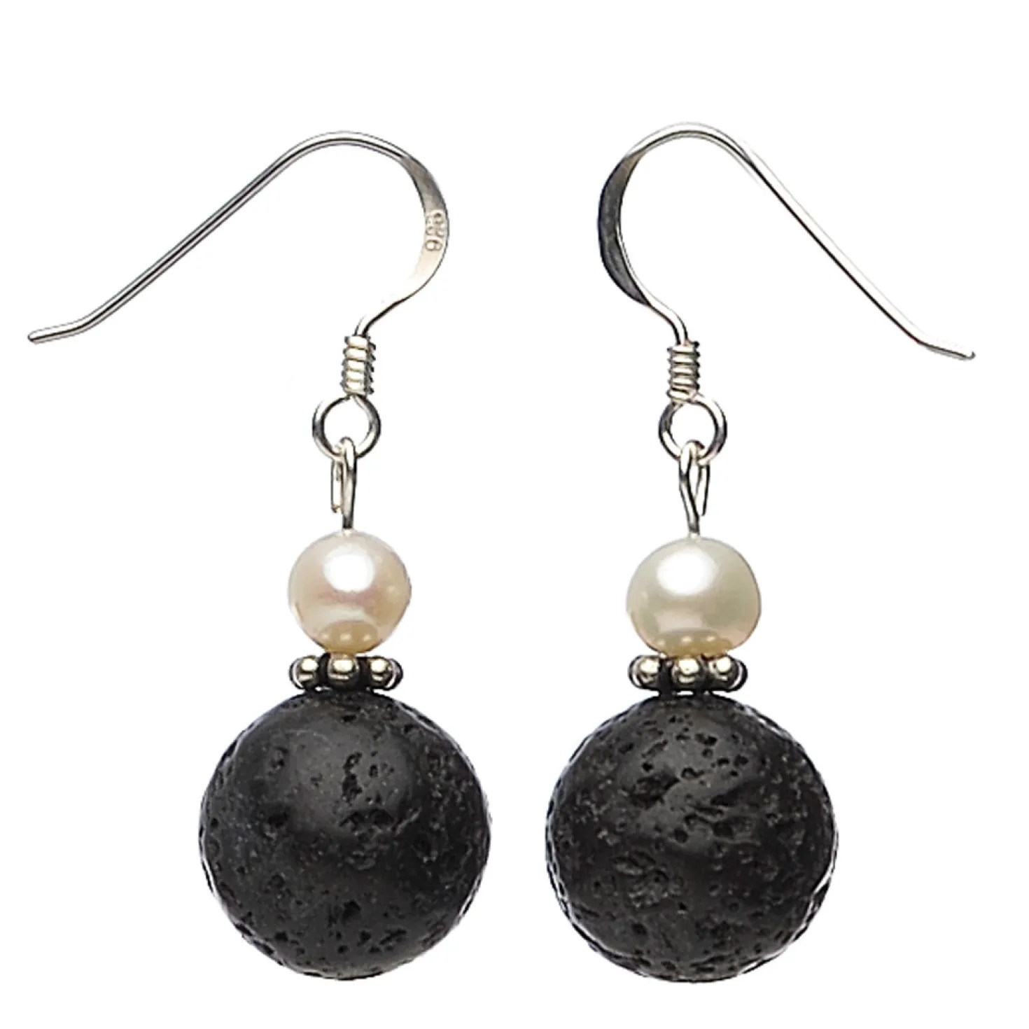 Ohrringe Ohrhänger aus Lava & Perlen, 925 Silber, schwarz-weiß