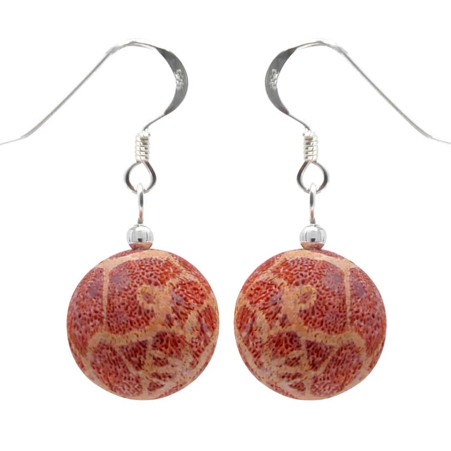 Ohrringe Ohrhänger aus Natur-Koralle mit Poren & Maserung 925 Silber rot-orange