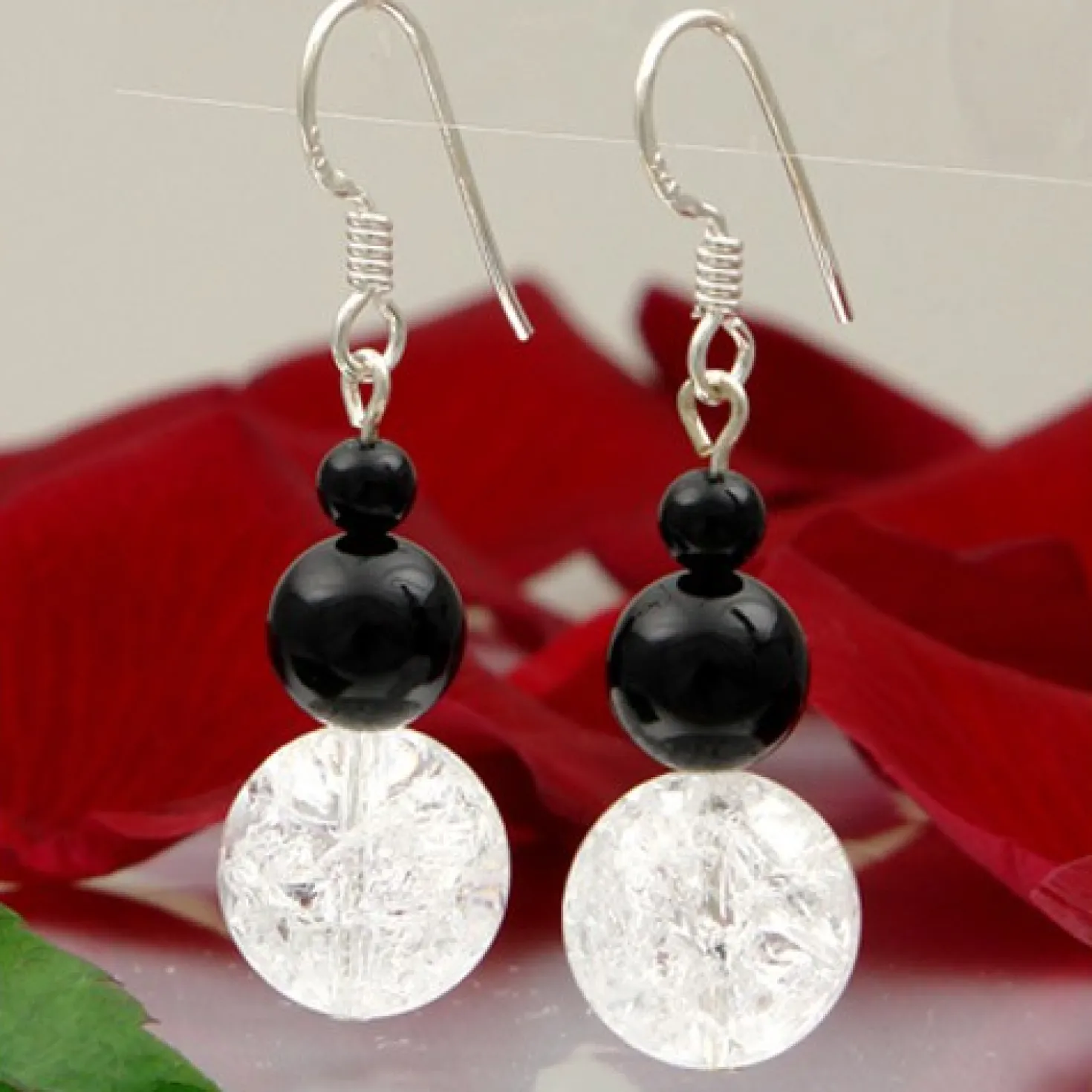 Ohrringe Ohrhänger aus Onyx & Bergkristall, 925 Silber, schwarz-weiß