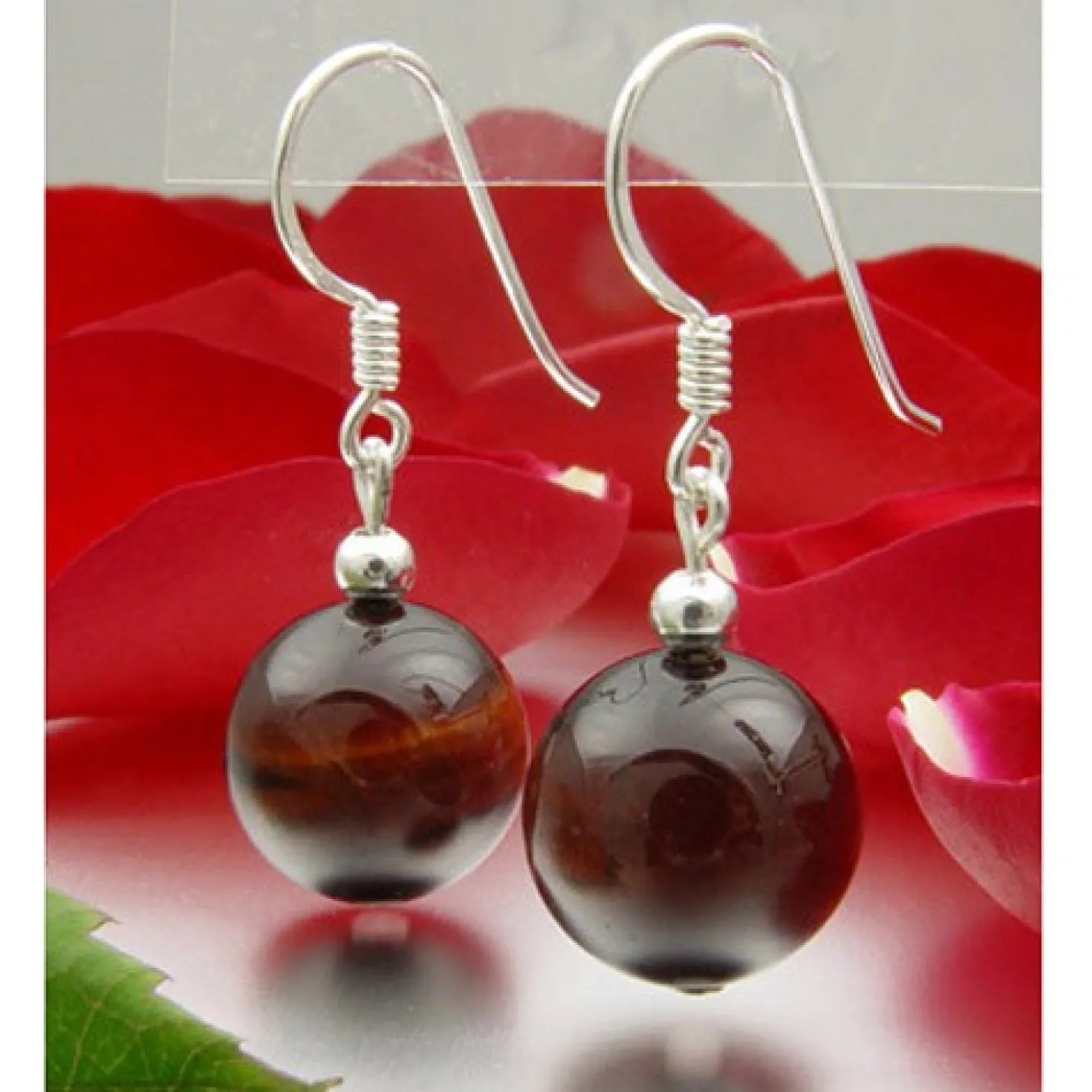 Ohrringe Ohrhänger aus rotem Tigerauge & 925 Silber, Ø12mm
