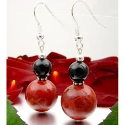 Ohrringe Ohrhänger aus Schaumkoralle & Onyx, rot schwarz, 925 Silber