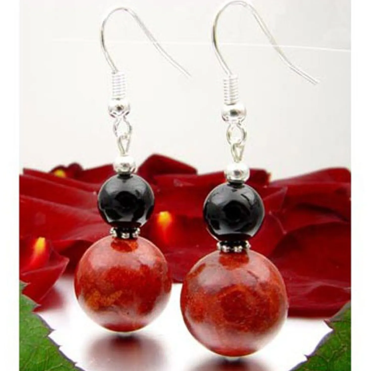 Ohrringe Ohrhänger aus Schaumkoralle & Onyx, rot schwarz, 925 Silber