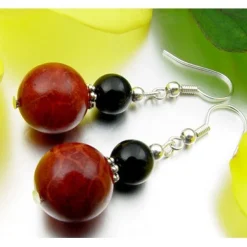 Ohrringe Ohrhänger aus Schaumkoralle & Onyx, rot schwarz, 925 Silber
